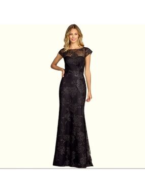 Black Floral Beaded Dress with Sheer Bateau neckline Size 12